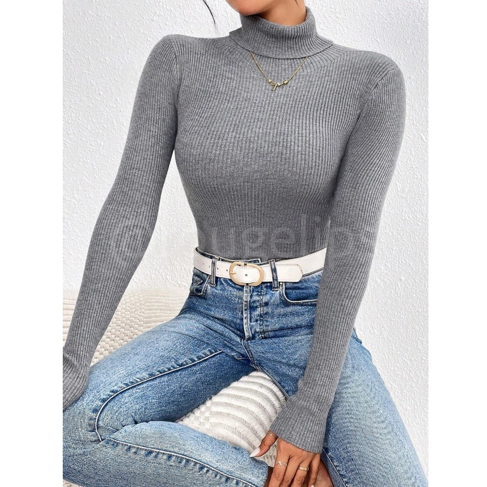 Gray Sweater Top Rib-Knit High Neck, Turtleneck Long Sleeve Slim Fit
